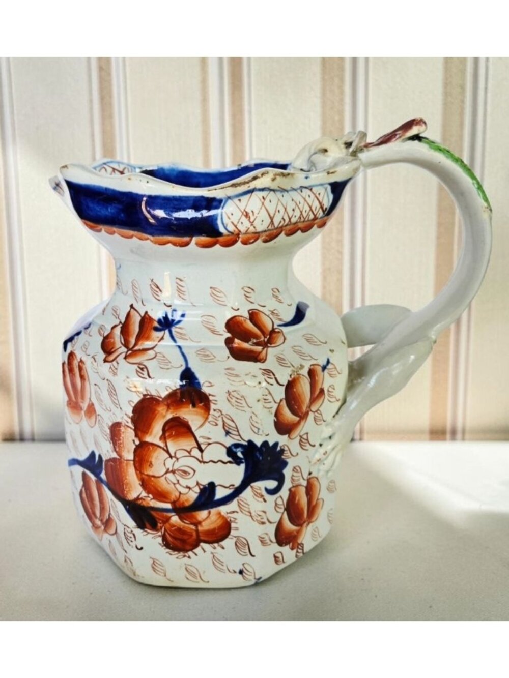 Antique Gaudy Welsh Ironstone,Dragon Pitcher w/ Blue Orange Imari Style floral,
